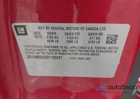 2013 Chevrolet Impala Lt z USA, uszkodzony, nr VIN 2G1WB5E32D1165037